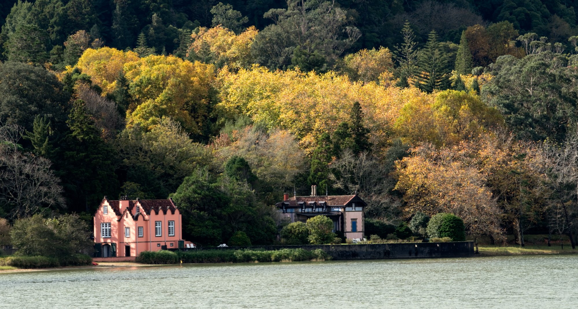 Both houses seen from the lake in autumn